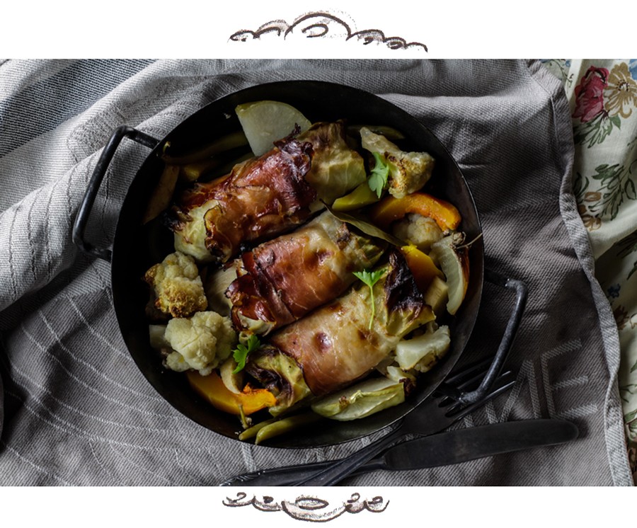 Traditional Austrian Cabbage Roulades with Oven-Roasted Winter Veggies - Granny Recipes - Cabbage Rolls with Ground Meat, Onions, Garlic and Eggs. Served with oven-roasted butternut squash, cauliflower, turnip cabbage and green beans.
