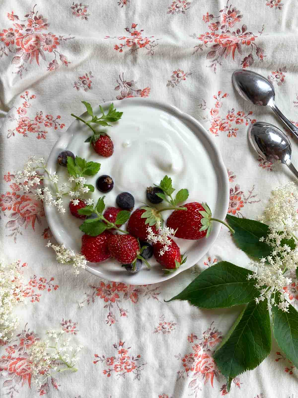 Holunderblüten Creme mit Erdbeeren und Heidelbeeren