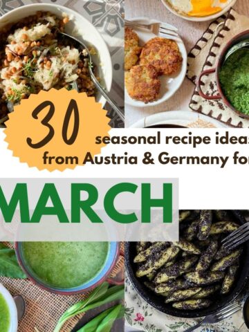 Collage with 4 pictures: sauerkraut salad, hash browns, wild garlic soup, poppy seed noodles. Title in picture: 30 seasonal recipe ideas from Austria & Germany for March.