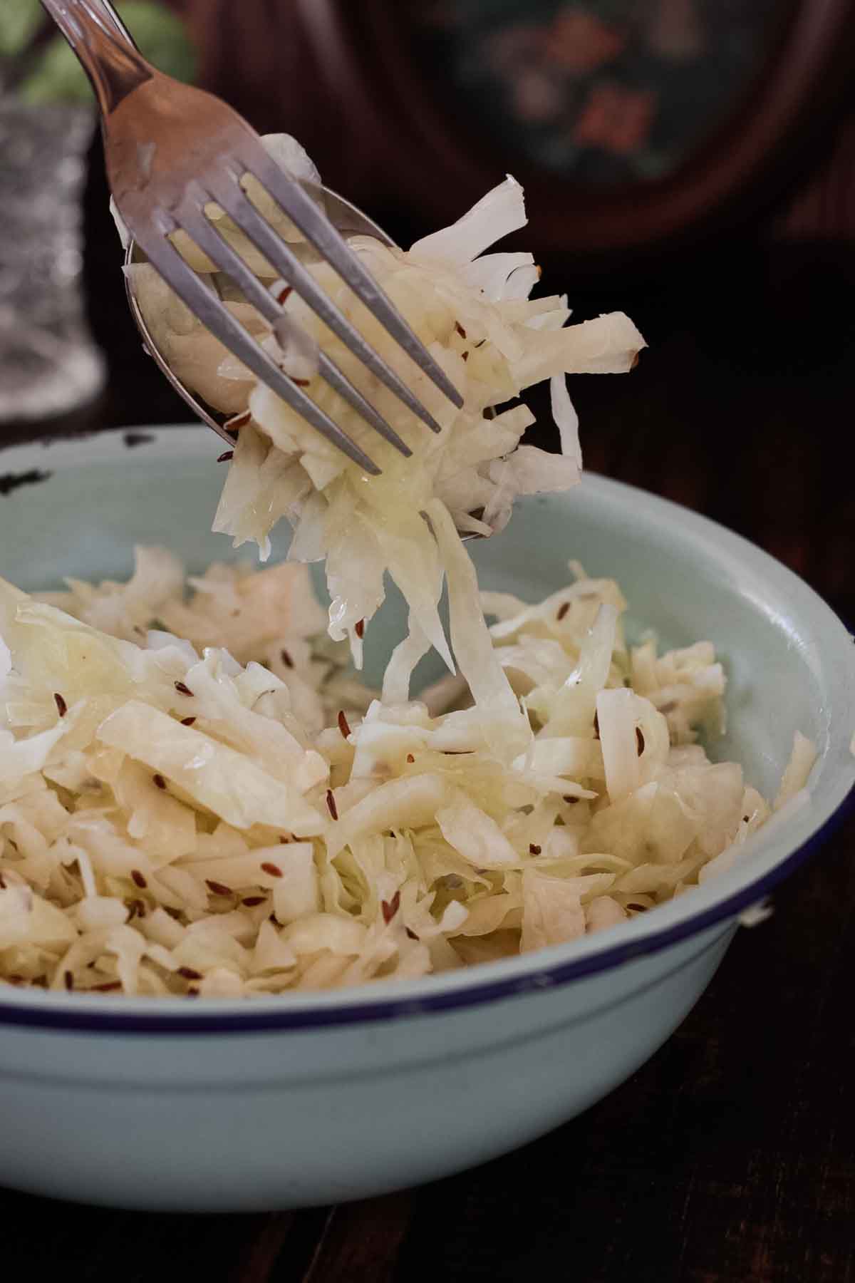 Kalter Krautsalat in rustikaler Emaille Schüssel - Cabbage Salad with caraway seeds.