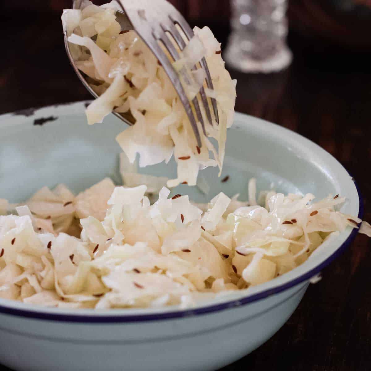 Kalter Krautsalat mit Kümmel und Apfelessig - cabbage salad with caraway seeds.