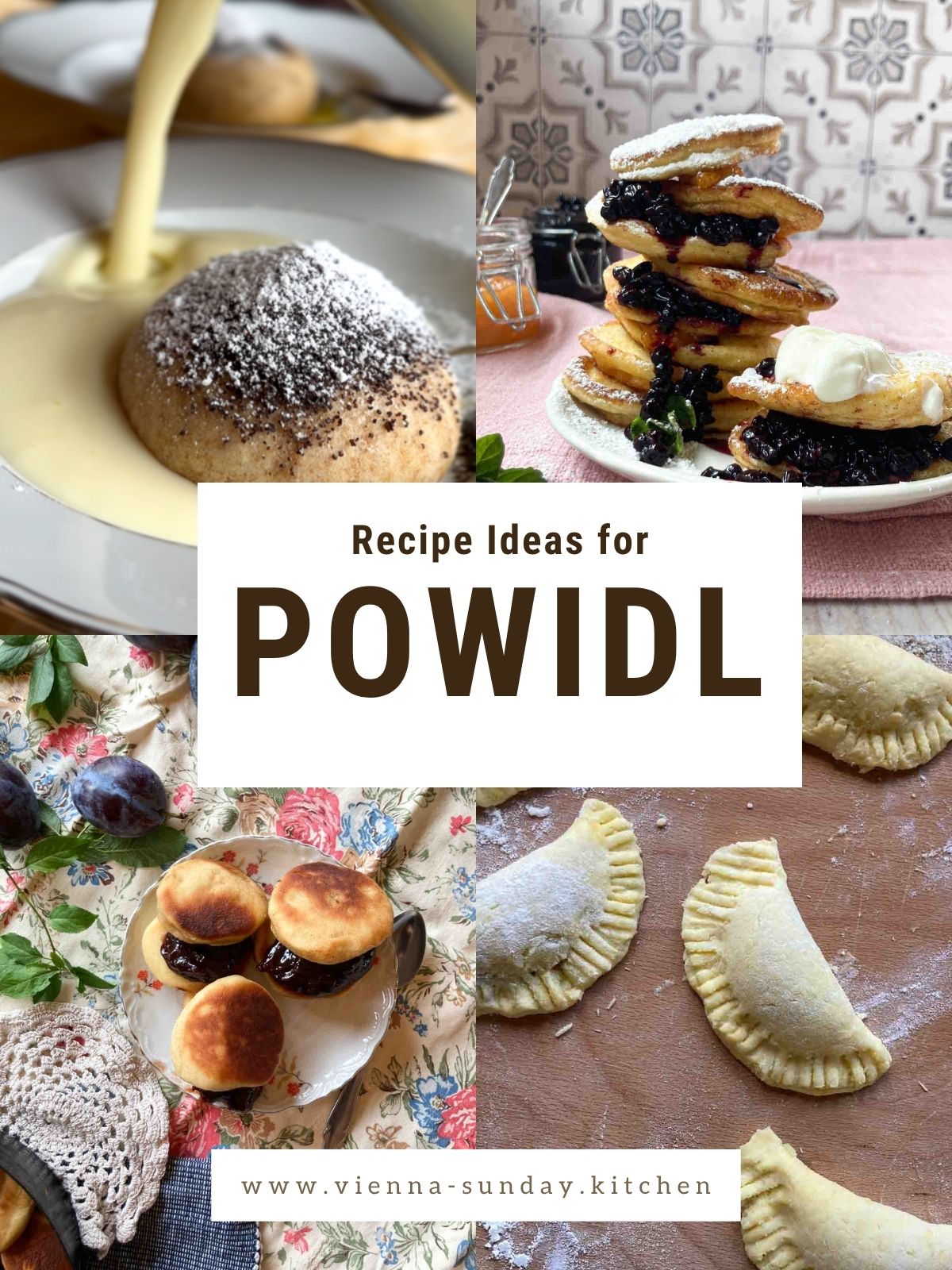 Collage with Yeast Dumplings, Rahmdalken, Bohemian Liwanzen and Powidltascherln; Title: Recipe Ideas fpr Powidl